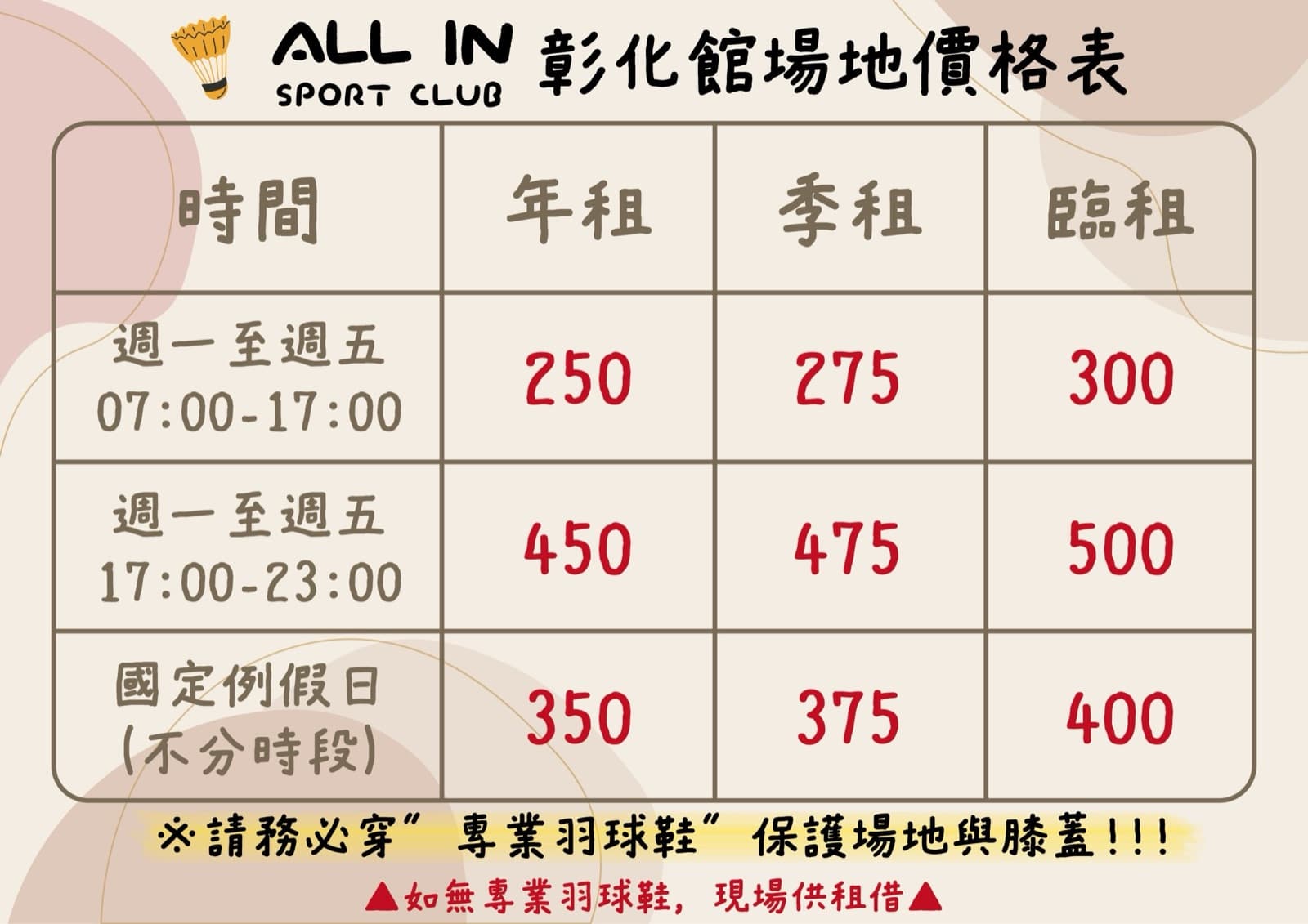 彰化館場地價格表